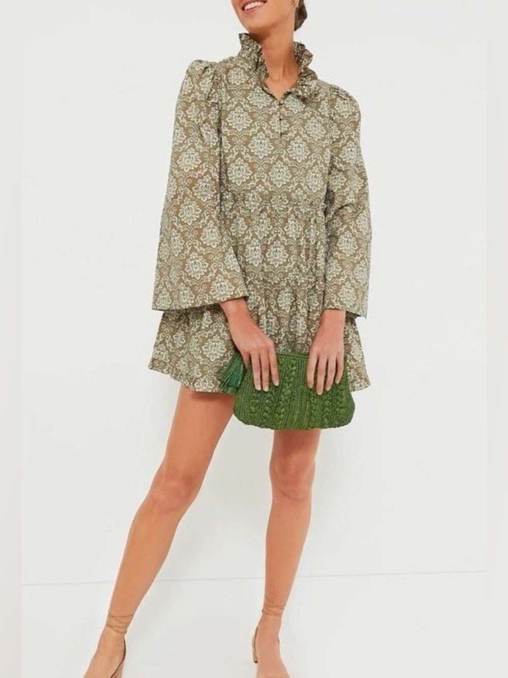 TUCKERNUCK Hyacinth House Russell Mini Dress Medium Olive Green Ruffle Boho Fall